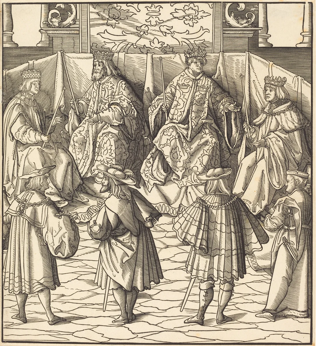 Assembly of Four Kings, in the foreground Four Men by Leonhard Beck, print, 1514-1516
