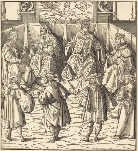 Assembly of Four Kings, in the foreground Four Men by Leonhard Beck, print, 1514-1516