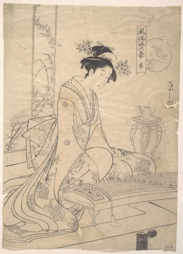 Young Lady Playing a Musical Instrument by Chōbunsai Eishi (鳥文斎栄之), print, 1756-1829