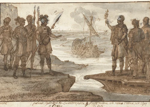 Ontmoeting van Aeneas met Pallas, de zoon van Euander (Evander) by Claude Lorrain, drawing, 1671