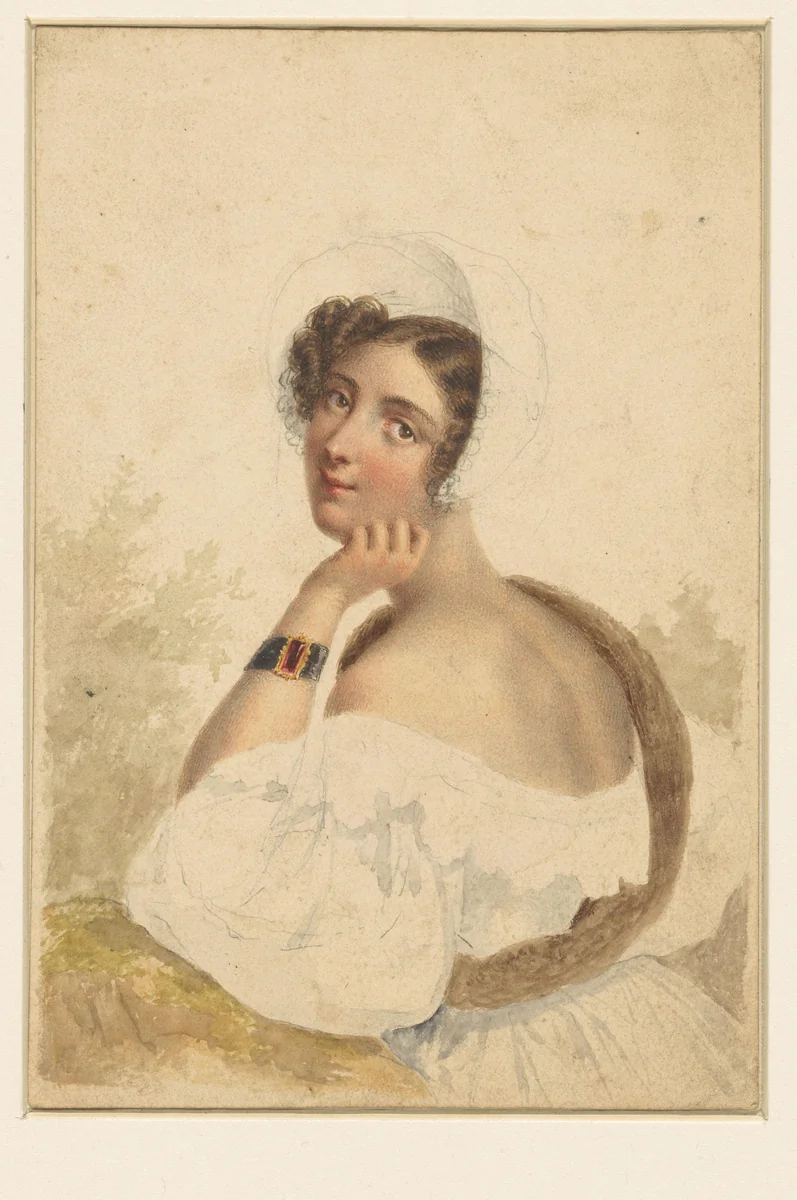 Portret van een jonge vrouw met kapje, half op de rug gezien, de beschouwer aankijkend by anonymous, drawing, 1800-1900