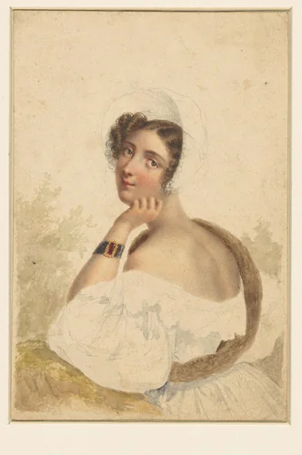 Portret van een jonge vrouw met kapje, half op de rug gezien, de beschouwer aankijkend by anonymous, drawing, 1800-1900