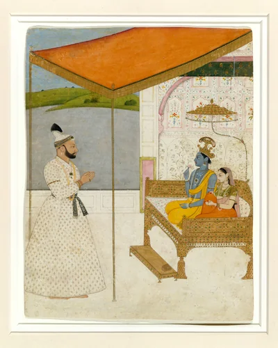 Raja Balwant Singh’s Vision of Krishna and Radha by Nainsukh, painting, 1735-1760