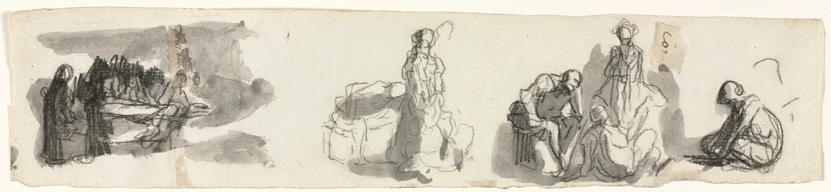 Sheet of Studies with a Group of Four Figures to the Right (recto) by Honoré Daumier, drawing, 1850-1879