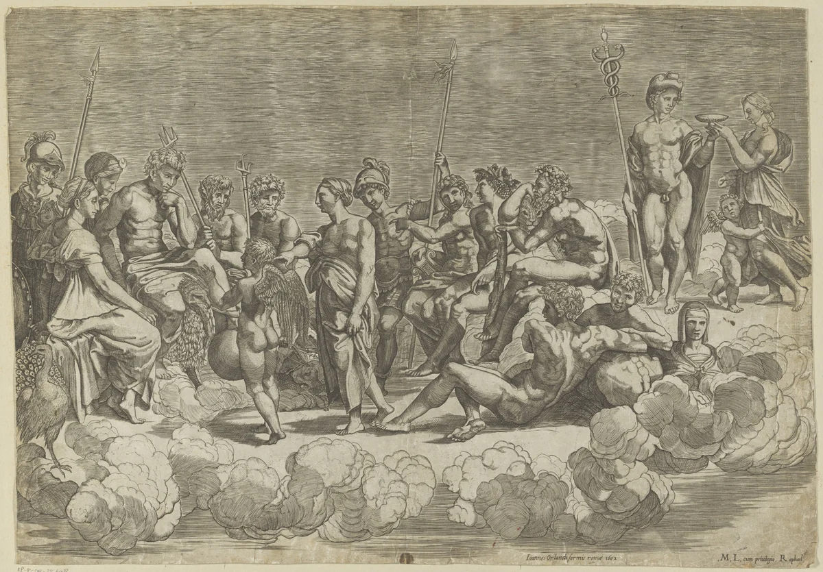 Verzameling der Goden op de Olympus by Giovanni Jacopo Caraglio, print, 1602