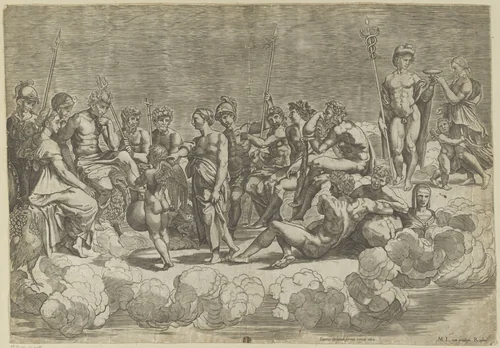 Verzameling der Goden op de Olympus by Giovanni Jacopo Caraglio, print, 1602