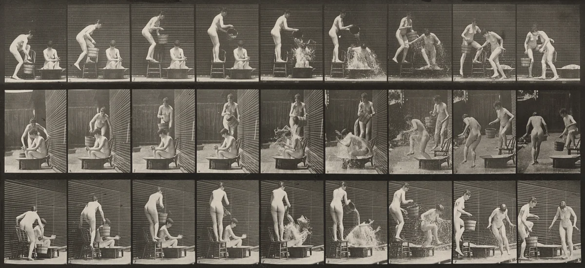 Plate Number 408. Two models, 1 pouring bucket of water over 8 by Eadweard Muybridge, photograph, 1887
