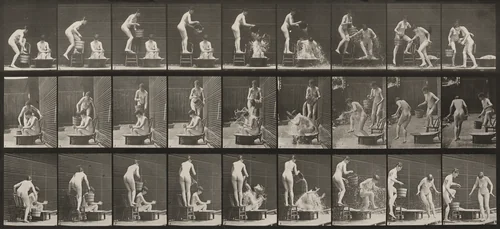Plate Number 408. Two models, 1 pouring bucket of water over 8 by Eadweard Muybridge, photograph, 1887