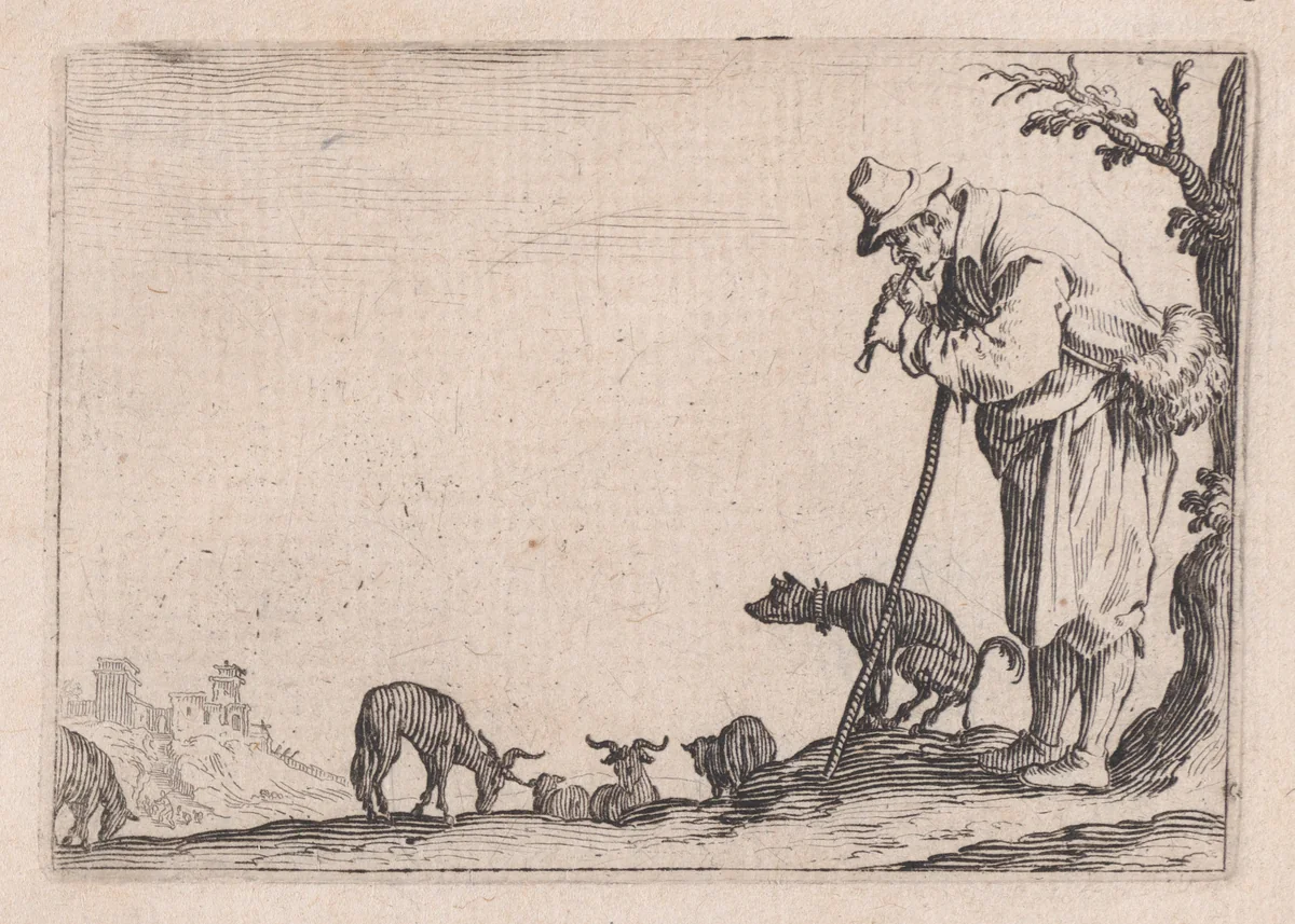 Le Berger Jouant de la Flute (The Shepherd Playing the Flute), from "Les Caprices" Series B, The Nancy Set by Jacques Callot, print, 1617-1620