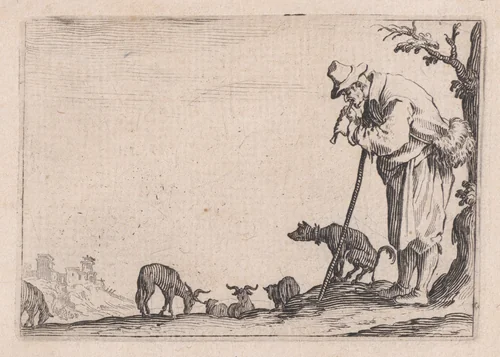 Le Berger Jouant de la Flute (The Shepherd Playing the Flute), from "Les Caprices" Series B, The Nancy Set by Jacques Callot, print, 1617-1620