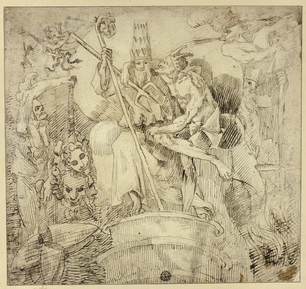 Pope Embraced by Devil by John Hamilton Mortimer, drawing, 1600-1699