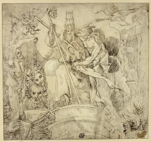 Pope Embraced by Devil by John Hamilton Mortimer, drawing, 1600-1699