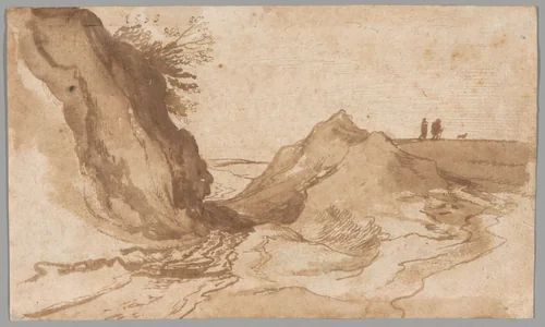 A Hilly Landscape with Figures Near a Ravine by Jan Brueghel, drawing, 1595