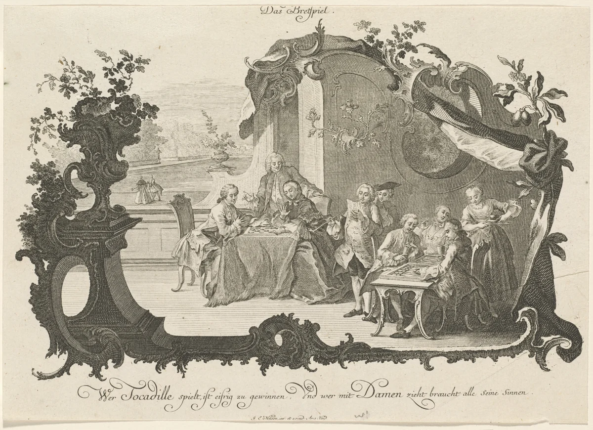 Das Bretspiel (Ladies and Gentlemen Playing Board Games) by Johann Esaias Nilson, print, 1756