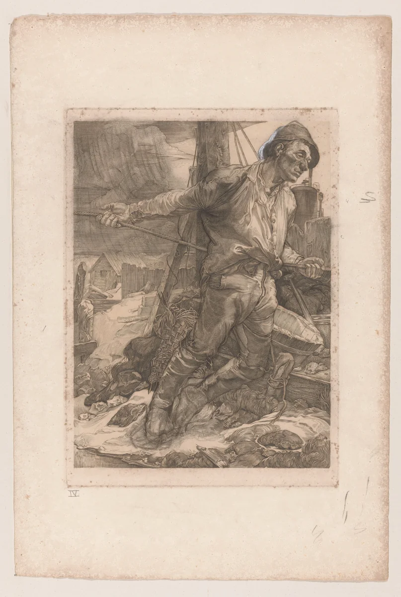Arbeider die een touw laat vieren by Johannes Josephus Aarts, print, 1881-1934