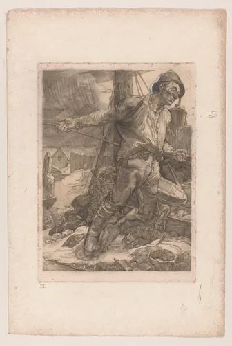 Arbeider die een touw laat vieren by Johannes Josephus Aarts, print, 1881-1934