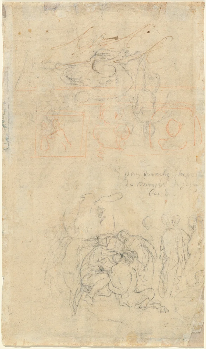 Sheet of Studies with the Drunken Pan and Nymphs [verso] by Jacob Jordaens, drawing, 1593-1678