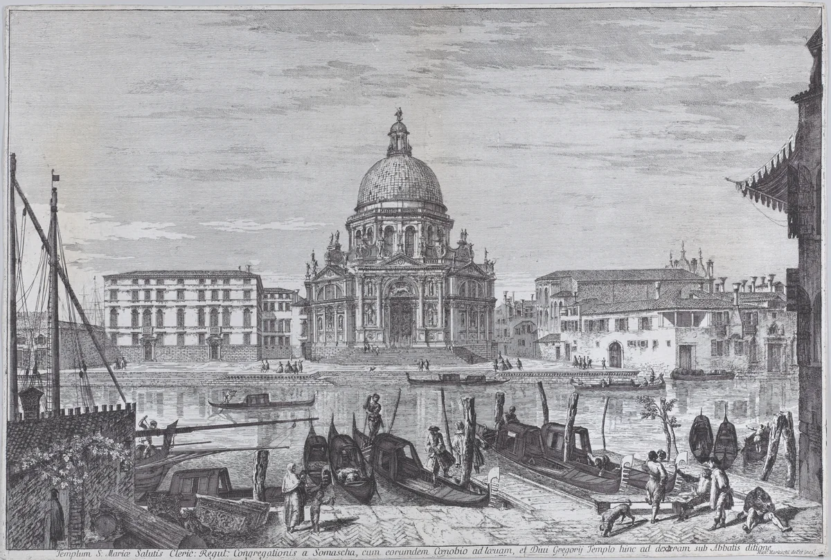 The church of Santa Maria della Salute seen across the water with gondolas in the foreground by Michele Marieschi, print, 1741