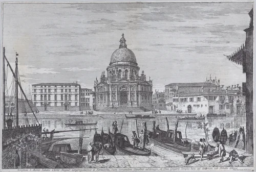 The church of Santa Maria della Salute seen across the water with gondolas in the foreground by Michele Marieschi, print, 1741