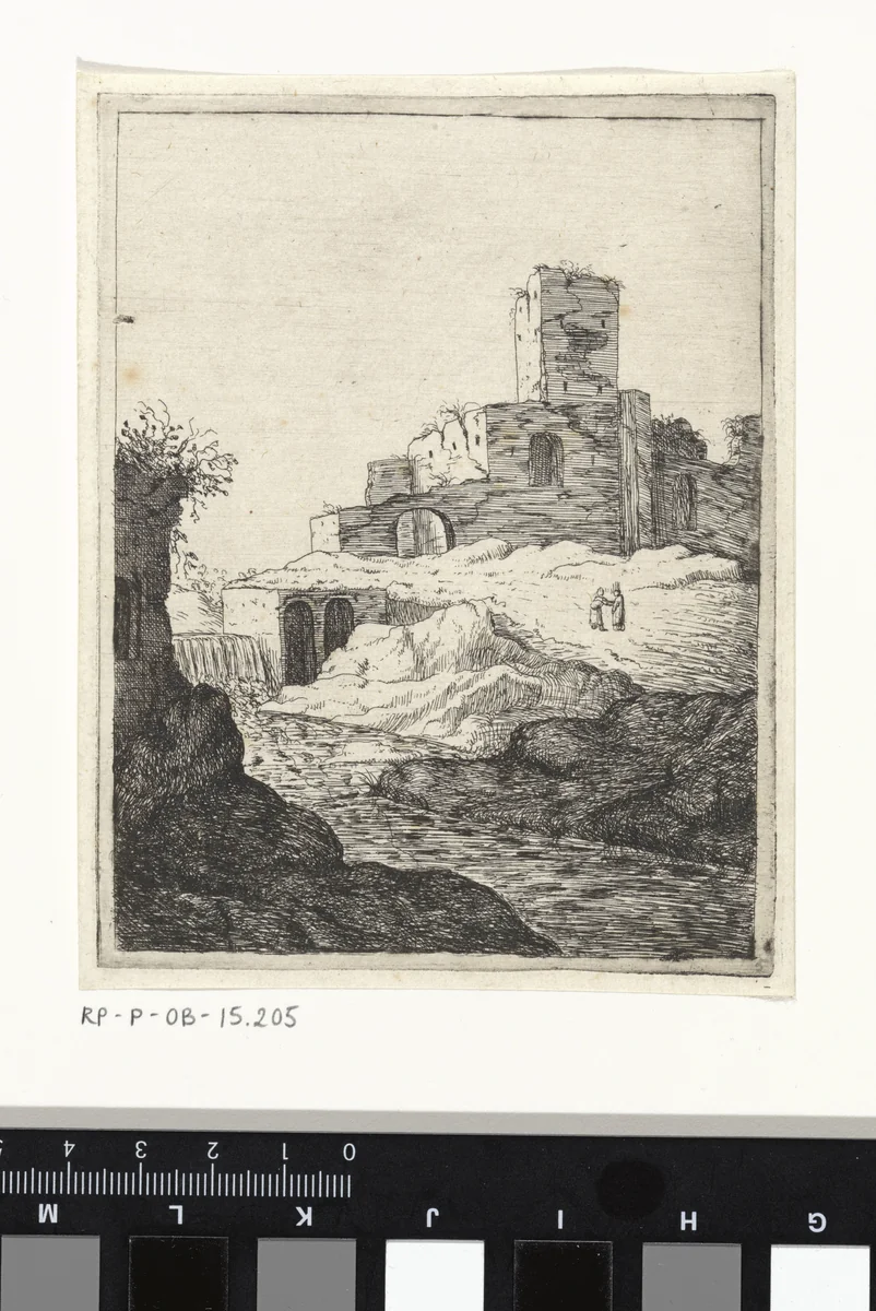 Ruïne met een toren bij een waterval by M. Schaep, print, 1648