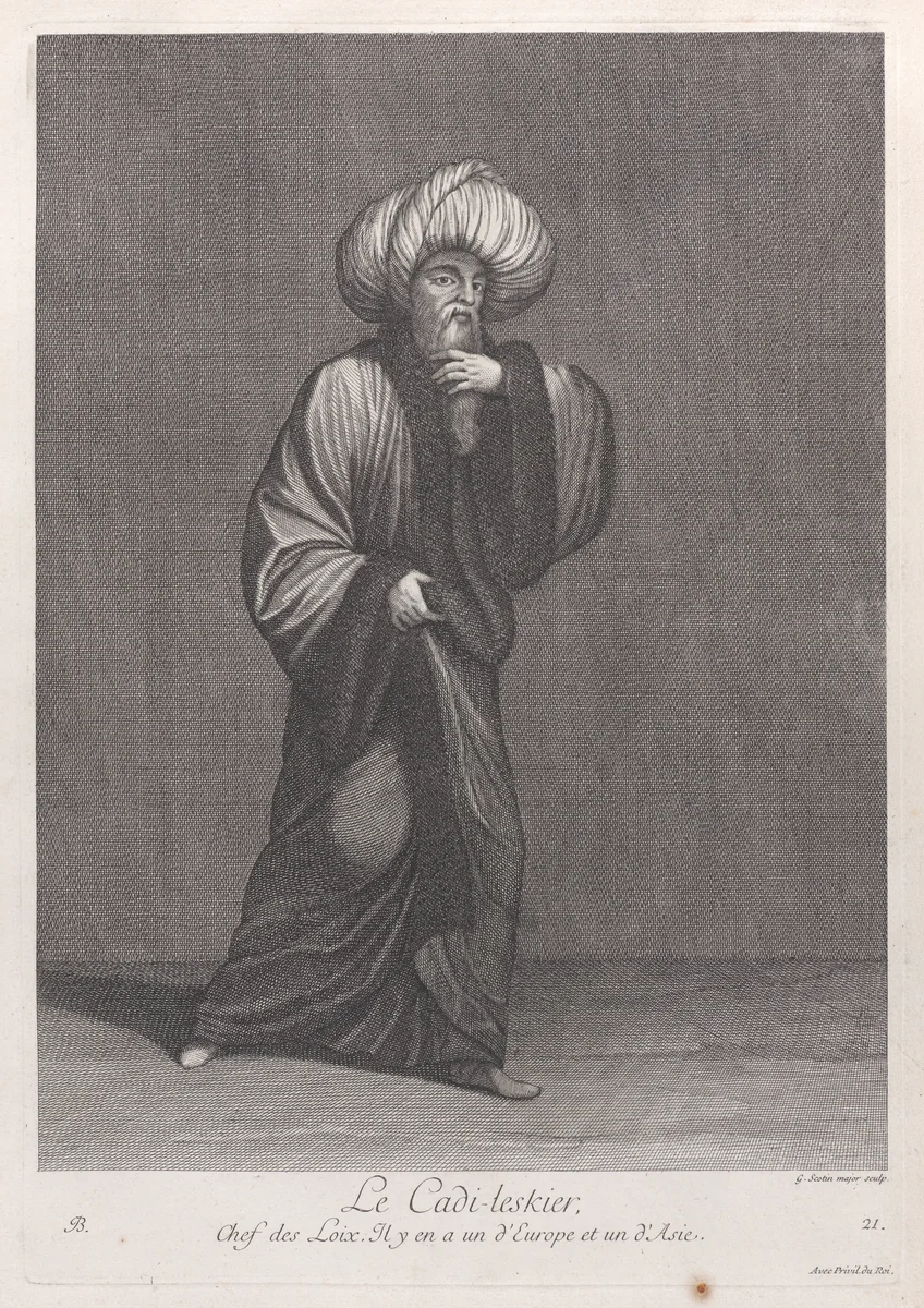 Le Cadi-leskier, Chef des Loix; il y en a un d'Europe et un d'Asie, plate 21 from "Recueil de cent estampes représentent differentes nations du Levant" by Jean Baptiste Vanmour, print, 1714-1715