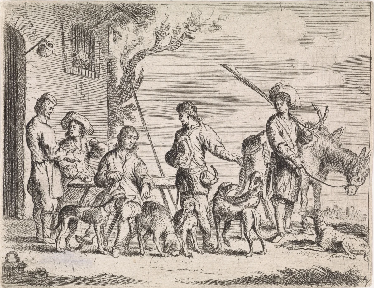 Jagers voor een herberg by Cornelis de Wael, print, 1630-1648