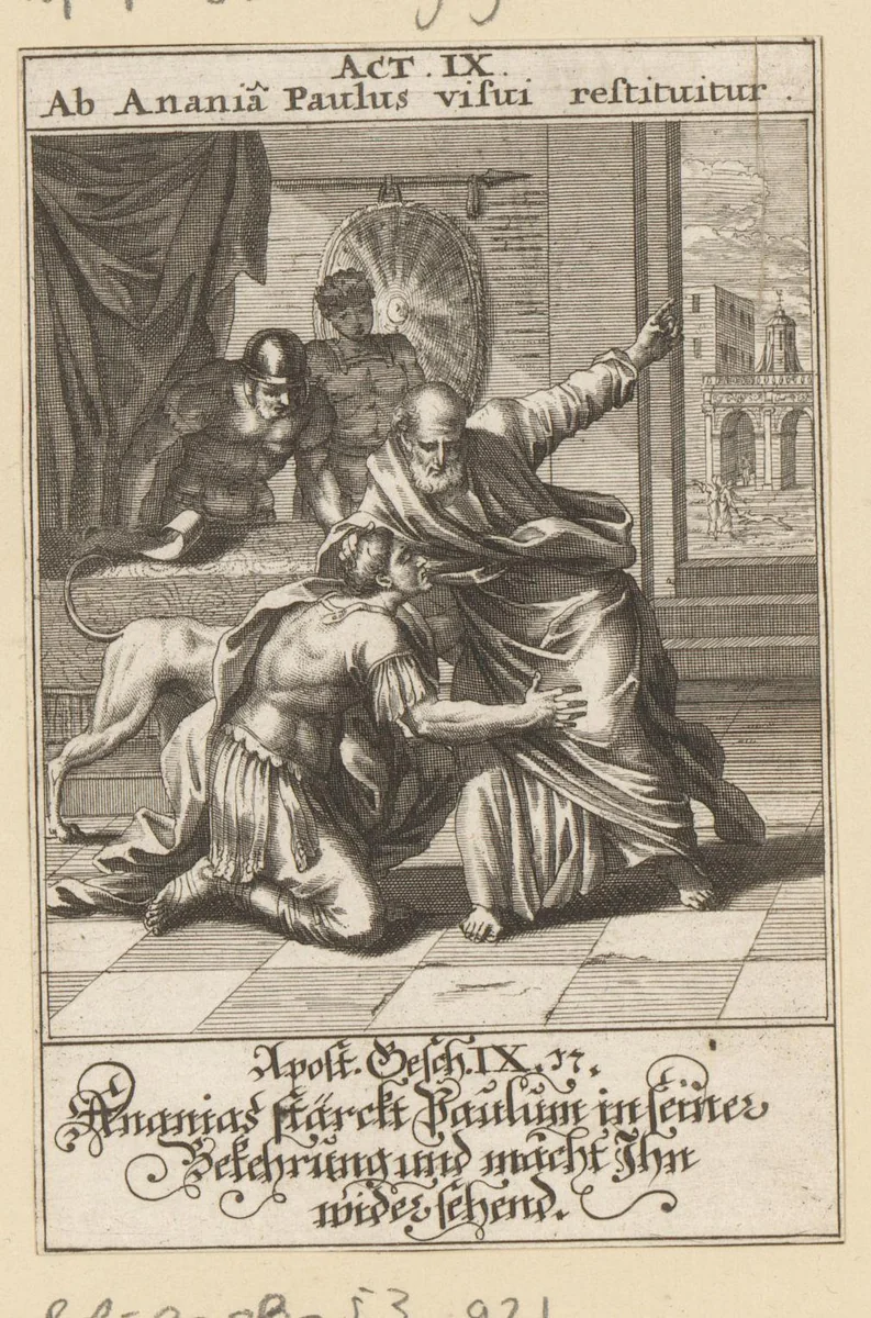 Ananias geeft apostel Paulus zijn zicht terug by anonymous, print, 1697