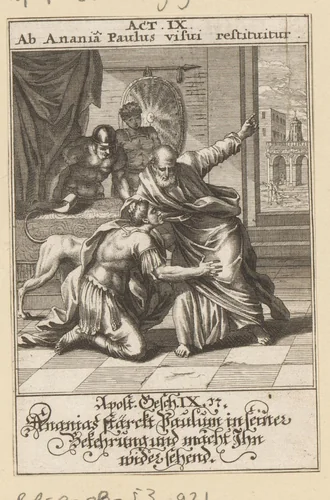 Ananias geeft apostel Paulus zijn zicht terug by anonymous, print, 1697