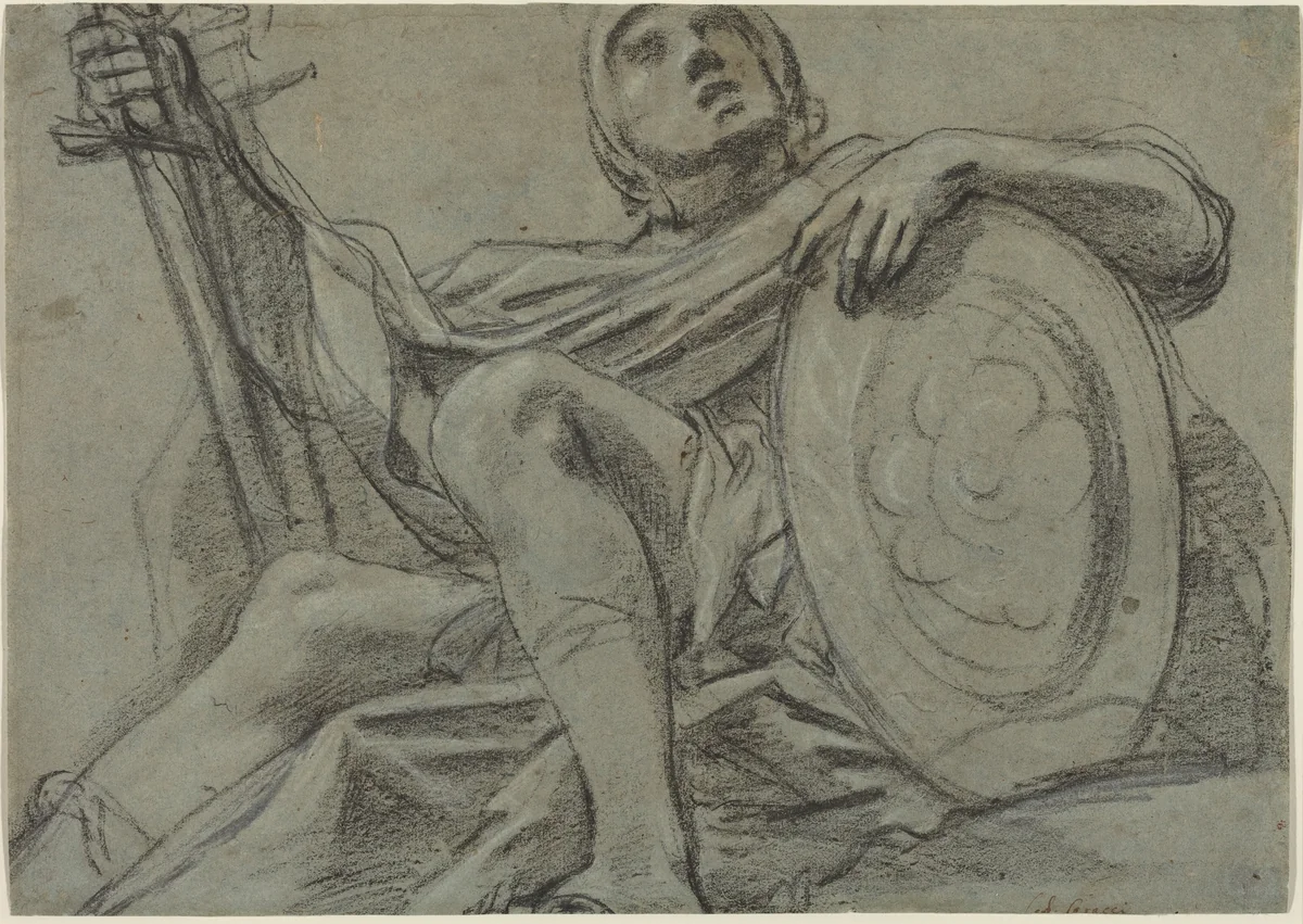 Seated Warrior Holding a Sword and Shield [recto] by Giacomo Cavedone, drawing, 1612