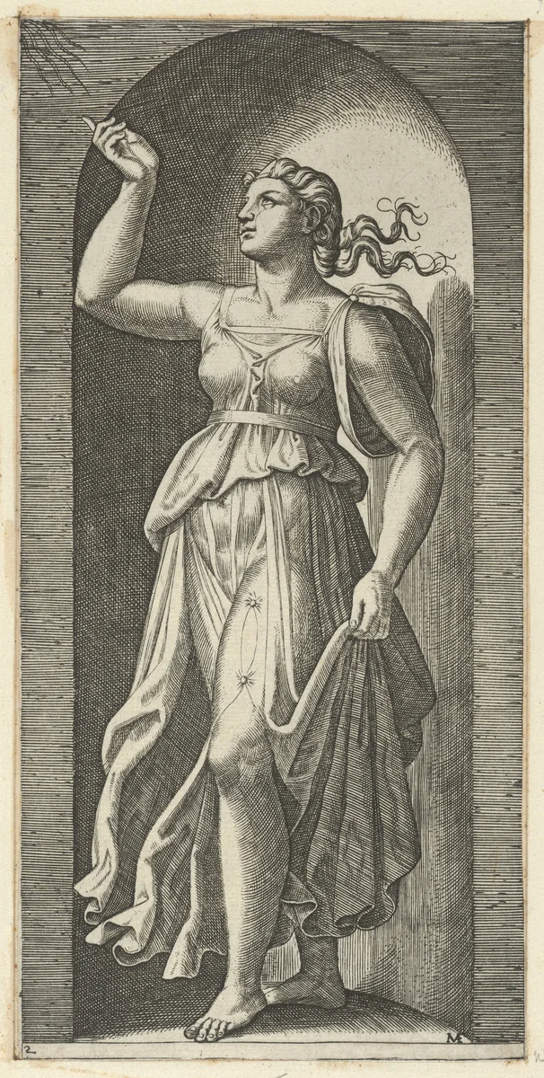 Faith personified by a woman standing in a niche, pointing to rays in the upper left, from "The Virtues" by Marcantonio Raimondi, print, 1510-1520