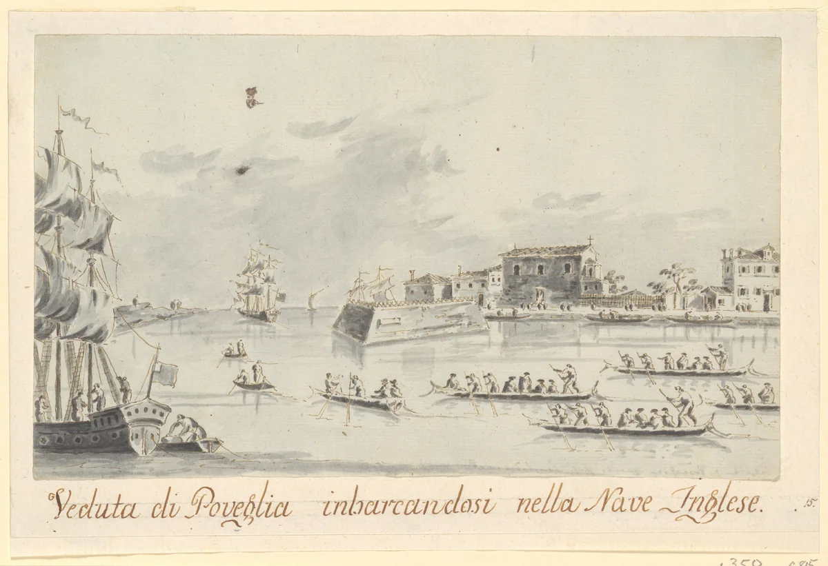 The Island of Povegila, with British Naval Officers Embarking by Giacomo Guardi, drawing, 1794-1815