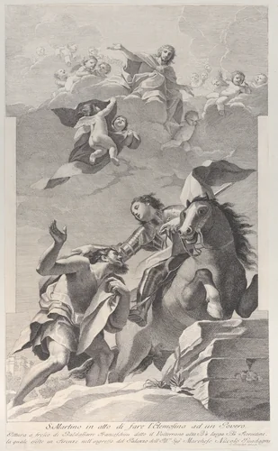Saint Martin, on horseback, giving his cloak to a beggar, angels overhead by Giuliano Traballesi, print, 1760-1800