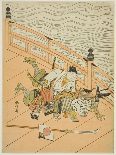Ushiwakamaru and Benkei fighting on Gojo Bridge by Suzuki Harunobu (鈴木春信), print, 1762-1770