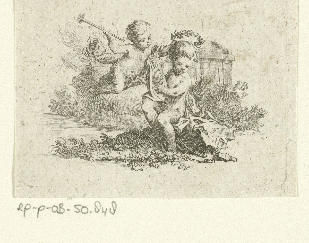 Vignet met twee putti by Simon Fokke, print, 1722-1784