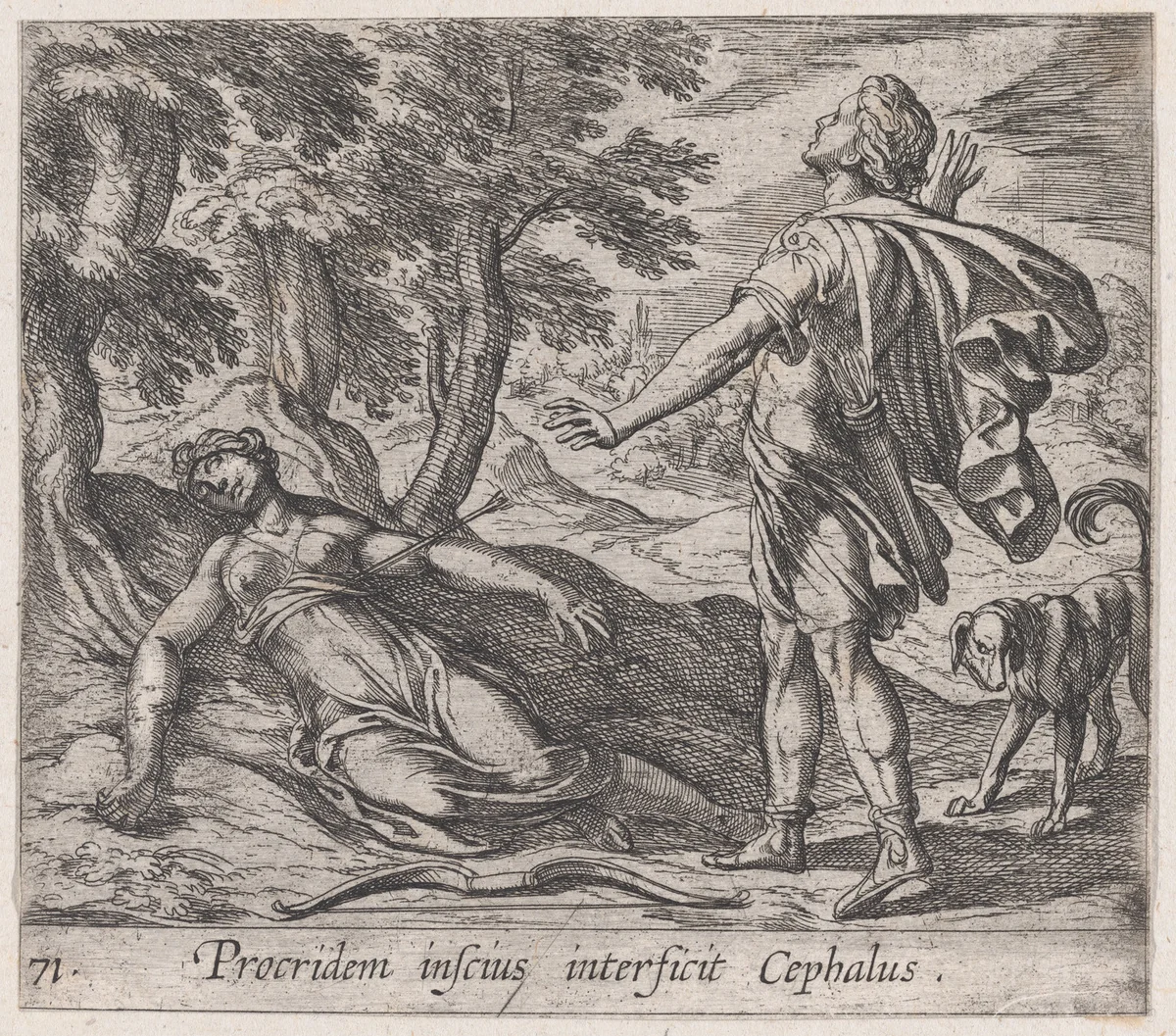 Plate 71: Procris Killed by Cephalus's Javelin (Procridem inscius interficit Cephalus), from Ovid's 'Metamorphoses' by Antonio Tempesta, print, 1606