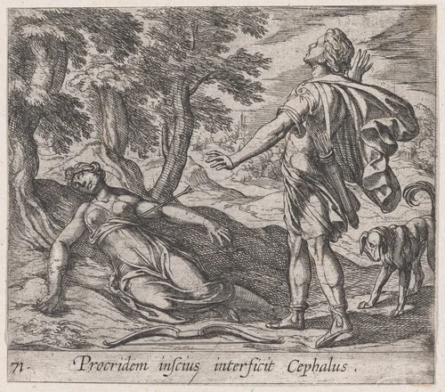 Plate 71: Procris Killed by Cephalus's Javelin (Procridem inscius interficit Cephalus), from Ovid's 'Metamorphoses' by Antonio Tempesta, print, 1606