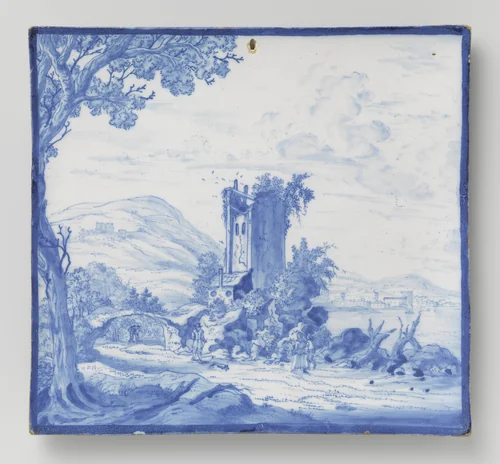 Plaat met ruïne en figuren in landschap by anonymous, print, 1650-1680