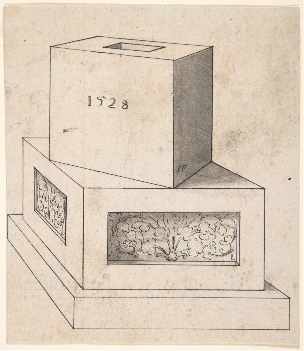 Perspectival Drawing of a Column Base with Cube by Peter Flötner, drawing, 1528