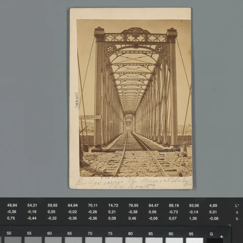 Gezicht op een brug over de Mississippi rivier met reclame voor naaimachines, Iowa by anonymous, photograph, 1868-1915