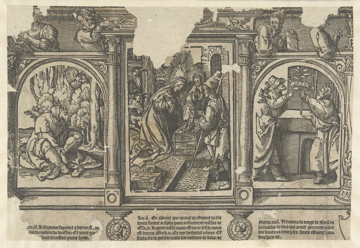 De aanbidding door een herder, brandende braambos en de bloeiende staf van Aäron by Unknown, print, 1520-1521