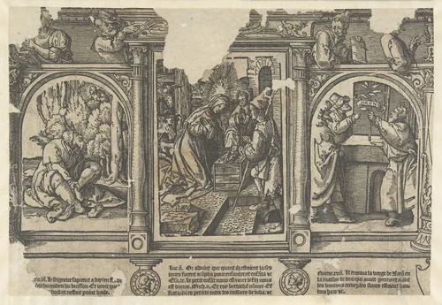 De aanbidding door een herder, brandende braambos en de bloeiende staf van Aäron by Unknown, print, 1520-1521