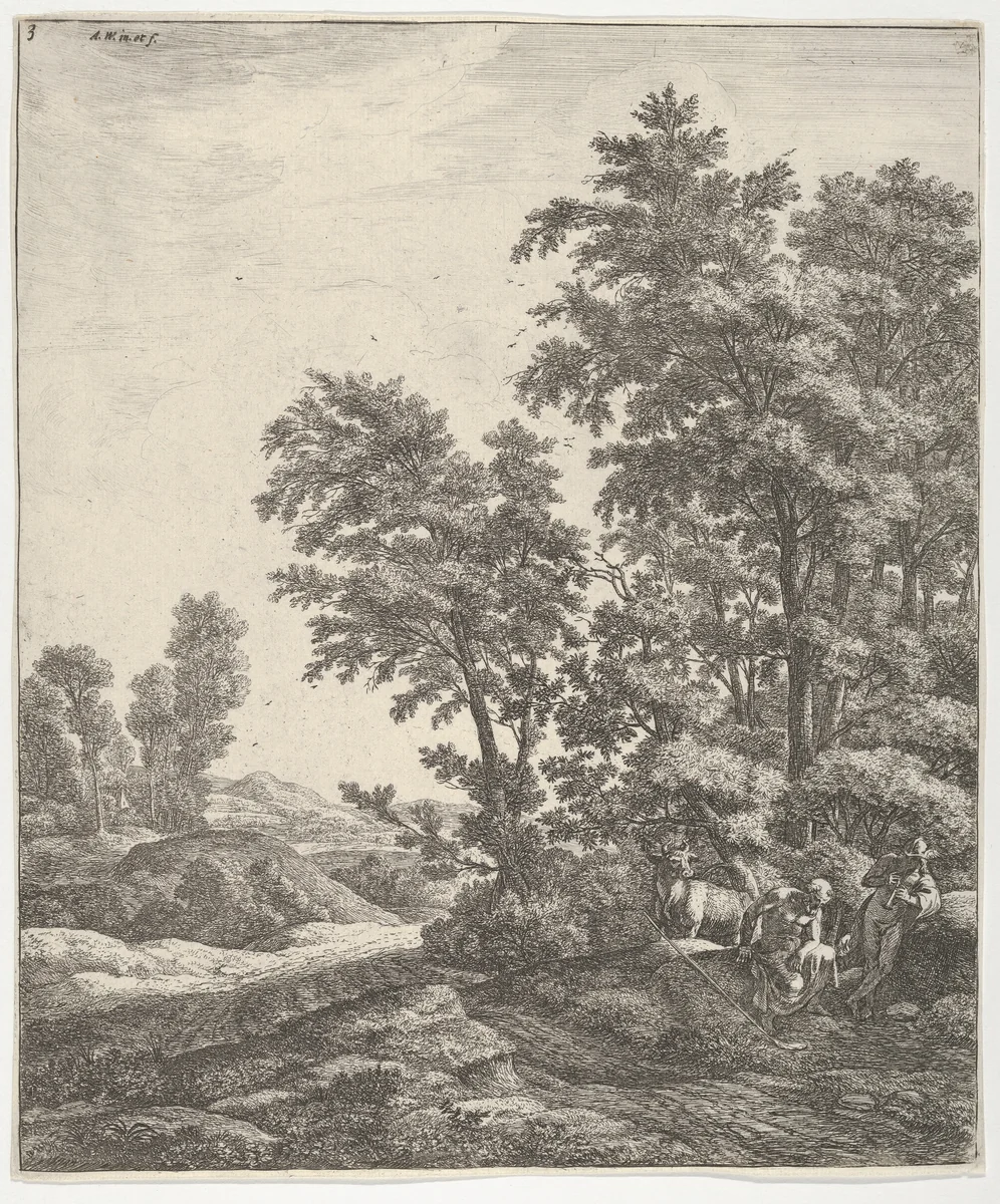 Landscape with Mercury and Argus, from the Series of Six Mythological Scenes by Anthonie Waterloo, print, 1600-1699