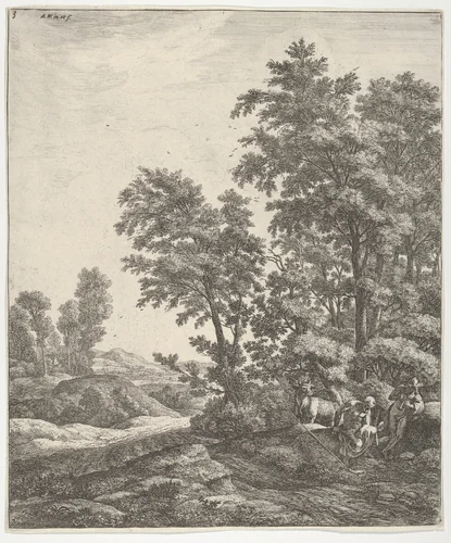 Landscape with Mercury and Argus, from the Series of Six Mythological Scenes by Anthonie Waterloo, print, 1600-1699