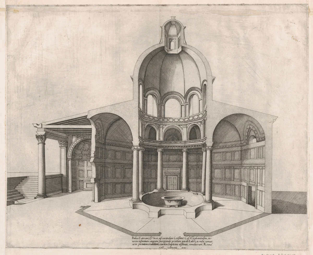 Interior of the Lateran, from "Speculum Romanae Magnificentiae" by Nicolas Beatrizet, print, 1530-1580