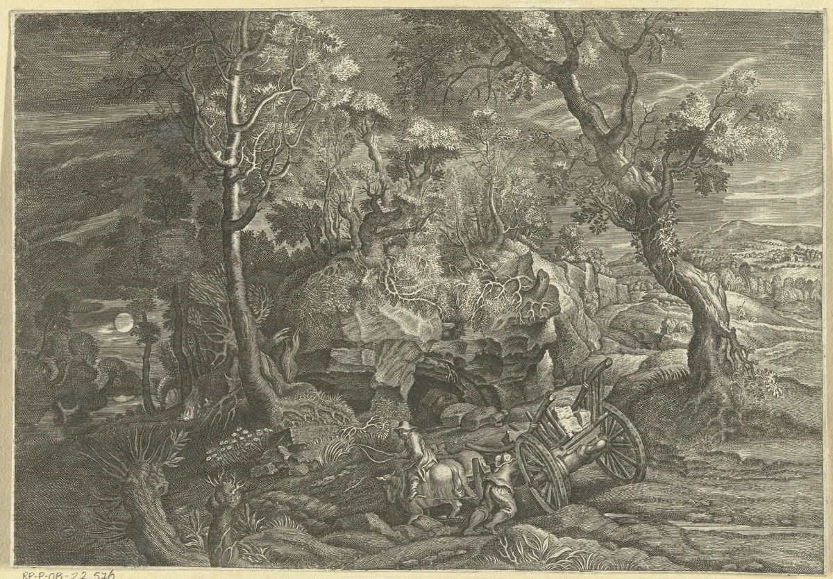 Landschap met vastgelopen wagen by anonymous, print, 1596-1709