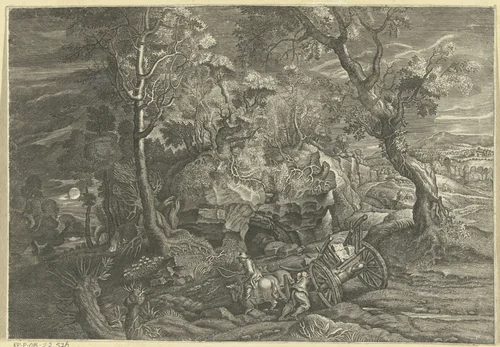 Landschap met vastgelopen wagen by anonymous, print, 1596-1709