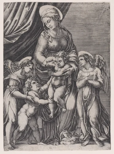The Virgin, the Infant Christ, Infant Saint John, and Two Angels by Agostino Veneziano, print, 1514-1536