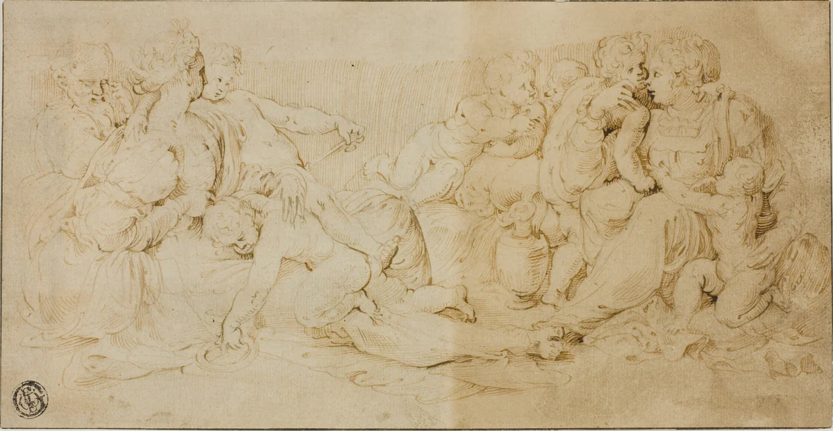 Seated Women, Children, and Old Man by Unknown Cremonese Artist, drawing, 1540-1560