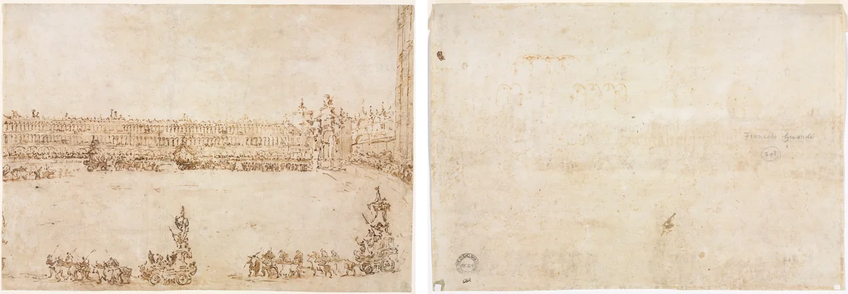 A Procession of Triumphal Cars in the Piazza San Marco, Venice, Celebrating the Visit of the Conti del Nord (recto); Three Sketches of Arches (verso) by Francesco Guardi, drawing, 1782