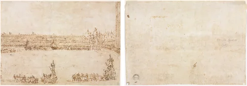 A Procession of Triumphal Cars in the Piazza San Marco, Venice, Celebrating the Visit of the Conti del Nord (recto); Three Sketches of Arches (verso) by Francesco Guardi, drawing, 1782